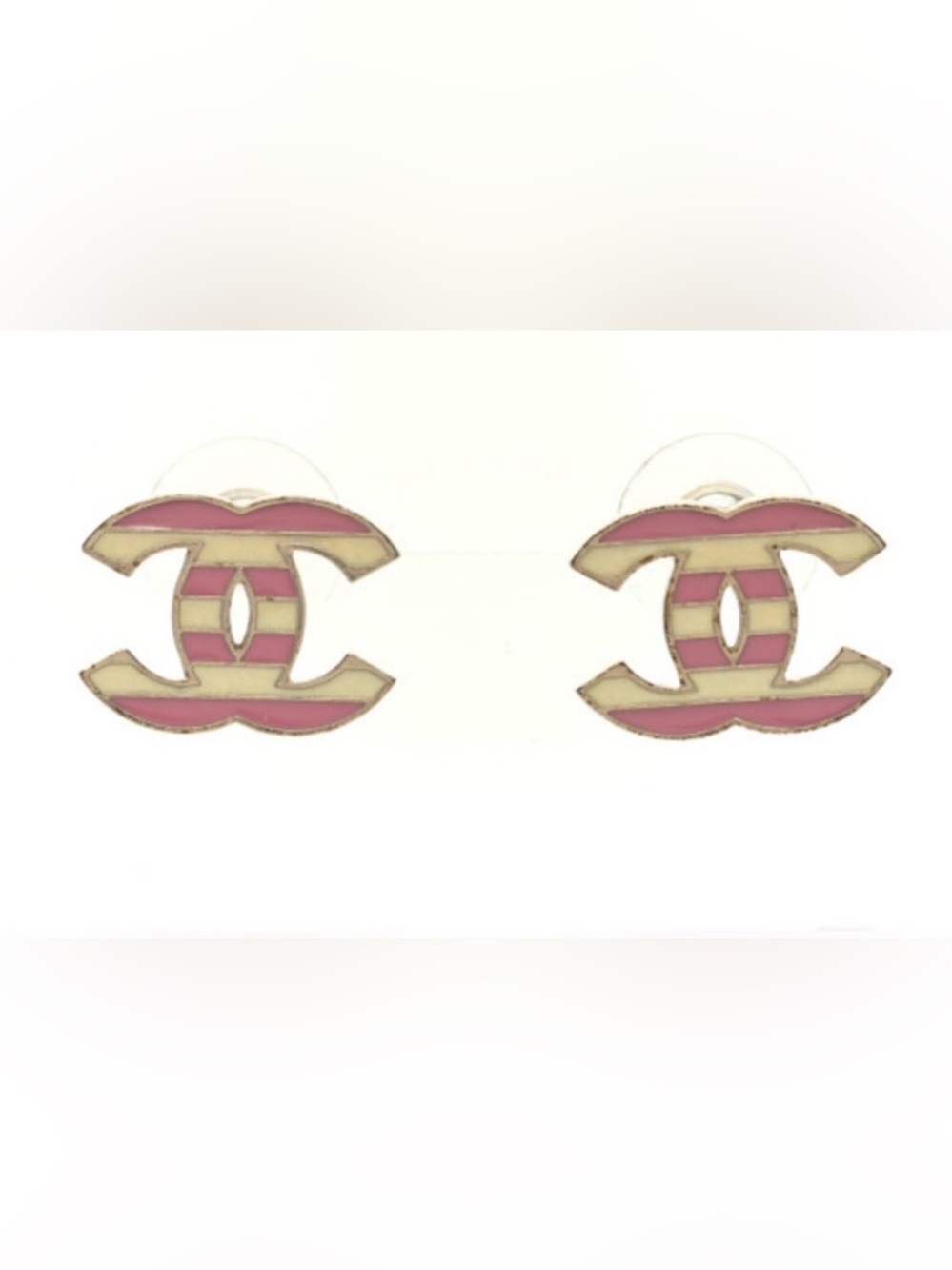 Chanel CC Logo Pink and White Striped Earrings